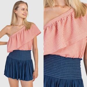 KOCH Blue & White Pinstripe One Shoulder Ruffle Top - Small